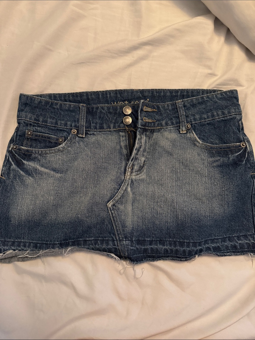 Wet Seal Blue Washed Denim Mini Skirt with Raw Hem